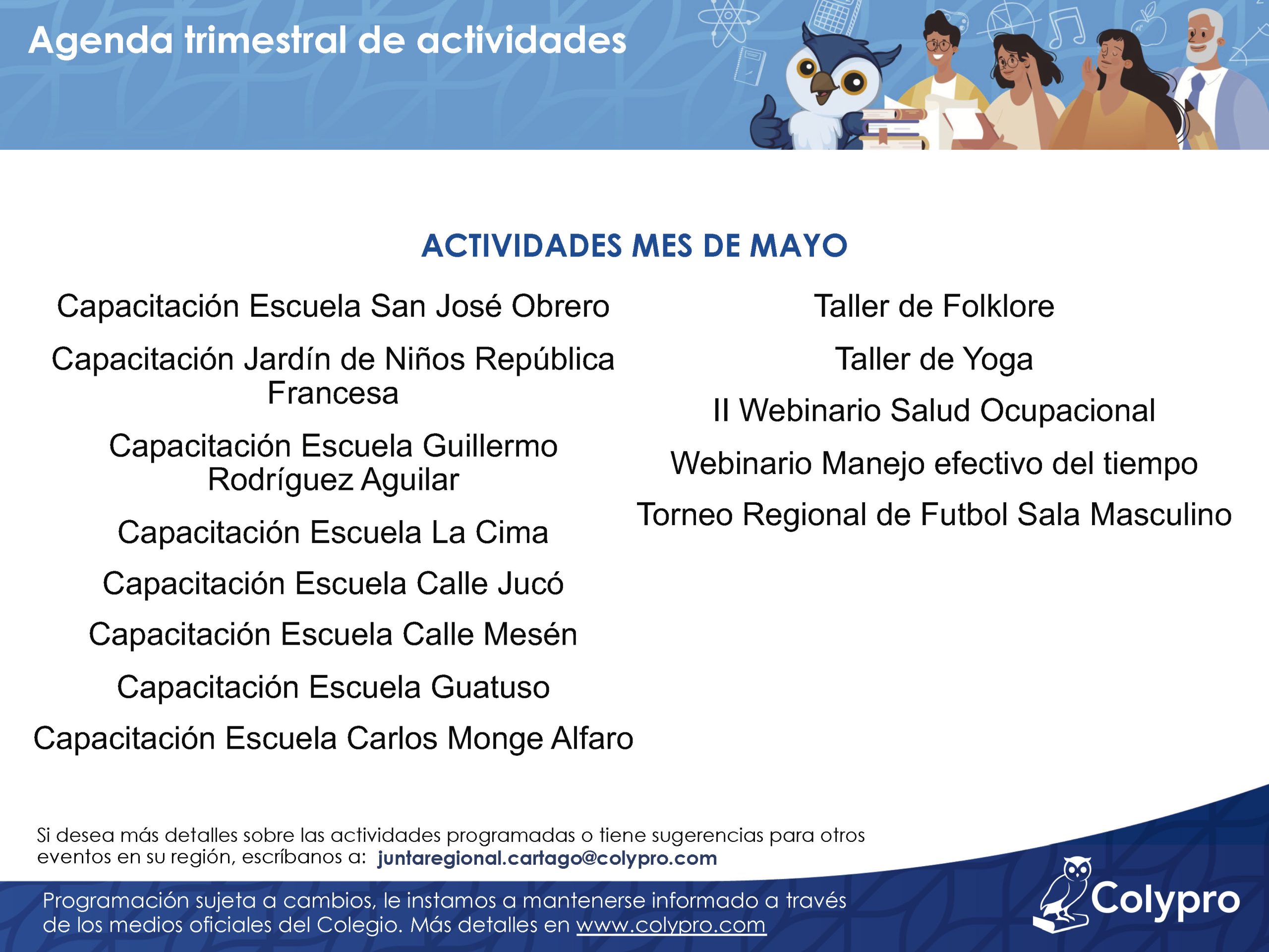 Agenda Juntas Regionales trimestral Cartago - Mayo a Junio 