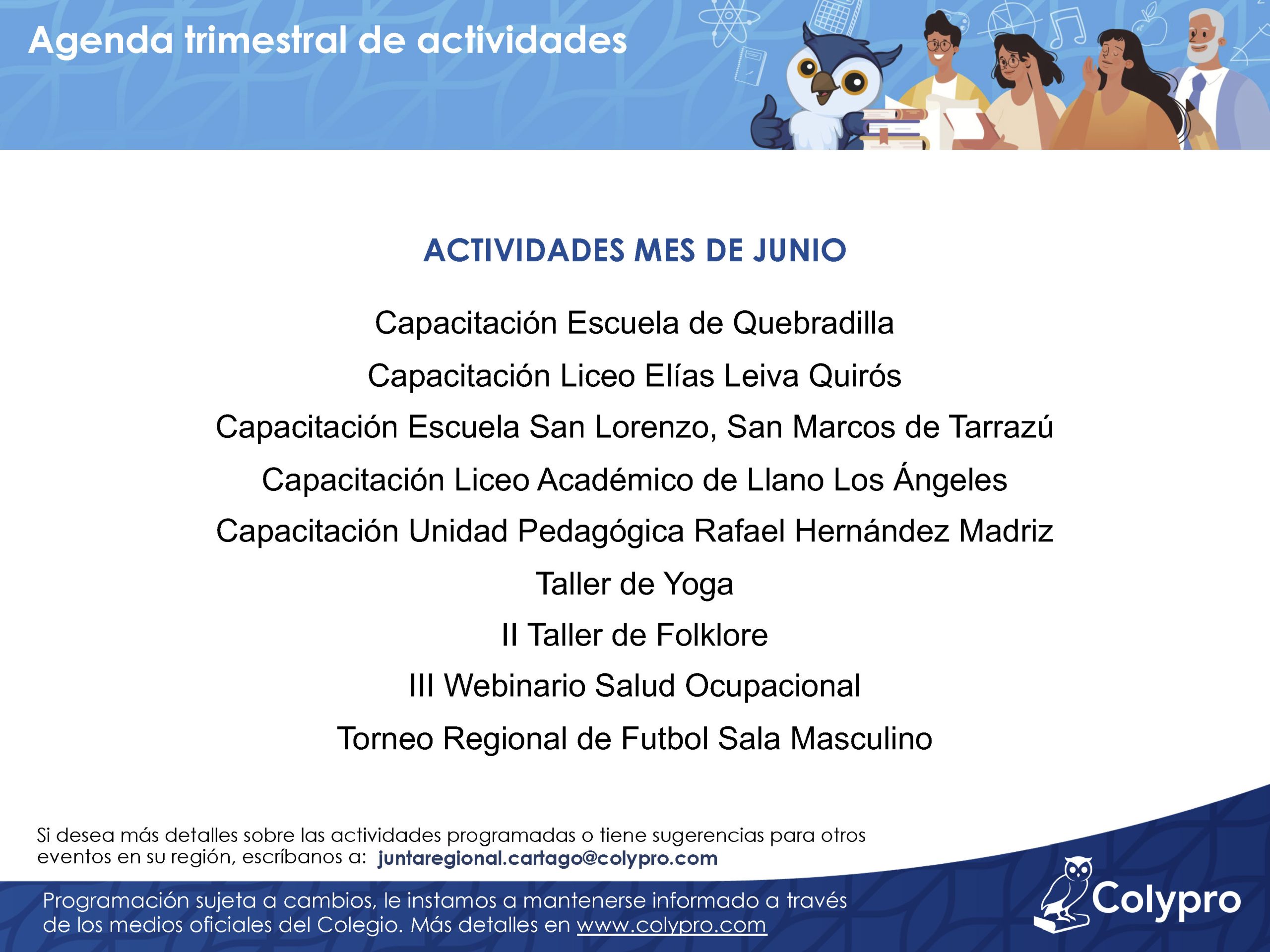 Agenda Juntas Regionales trimestral Cartago - Mayo a Junio 